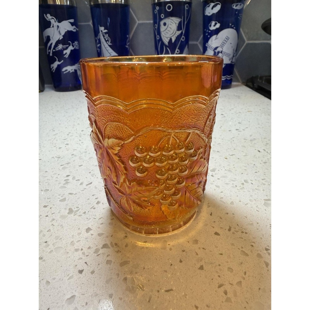 Imperial Gold Marigold Grape Vine Tumbler Mid Century Carnival Glass